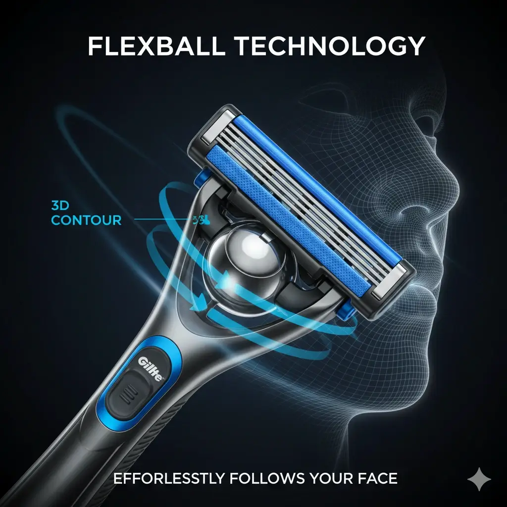 Illustration of Gillette Proglide FlexBall handle pivoting to follow facial contours for a smoother shave
