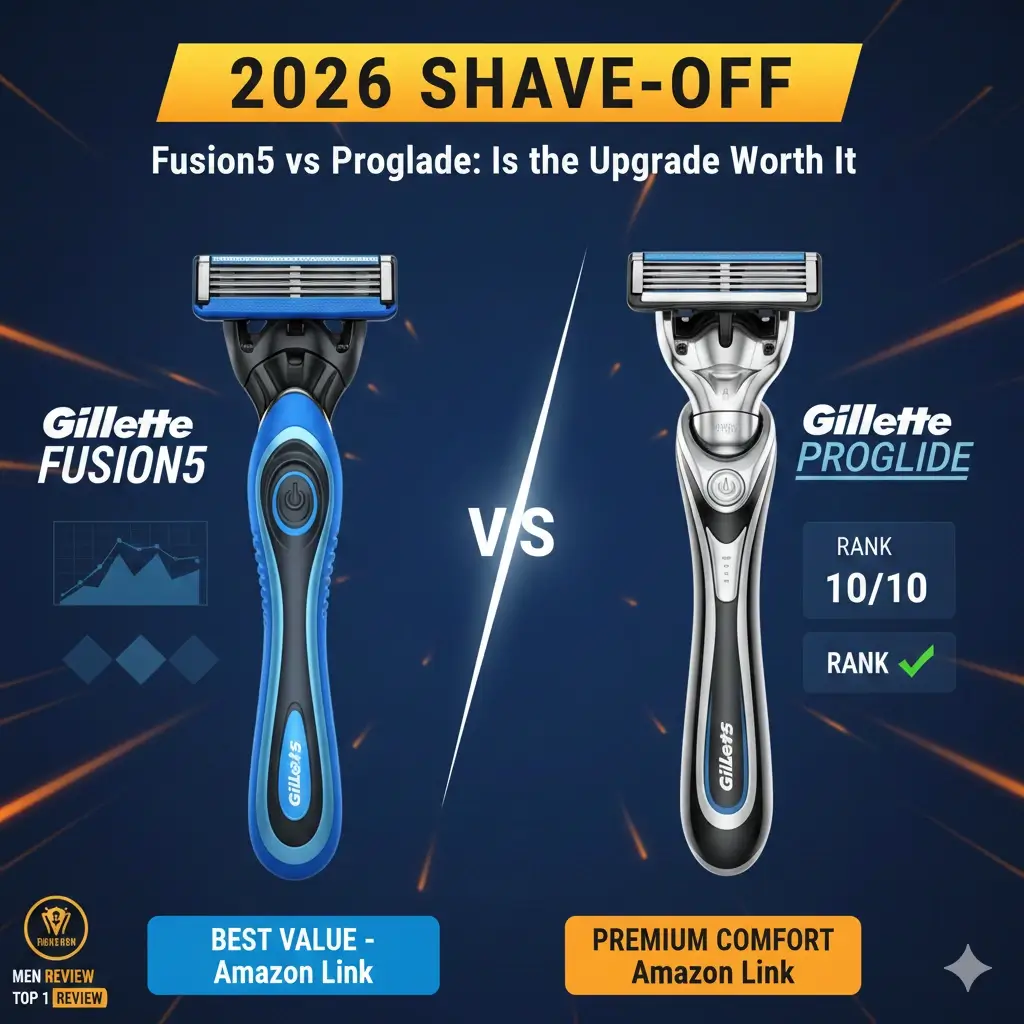 Side-by-side comparison of Gillette Fusion5 and Gillette Proglide razors featuring FlexBall technology and 5-blade cartridges for men's grooming.