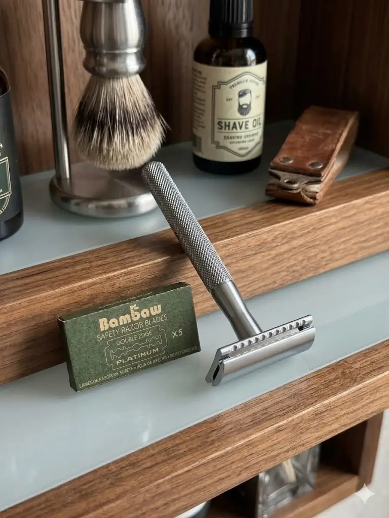 Detailed view of a metal Bambaw Double Edge Safety Razor Hardware