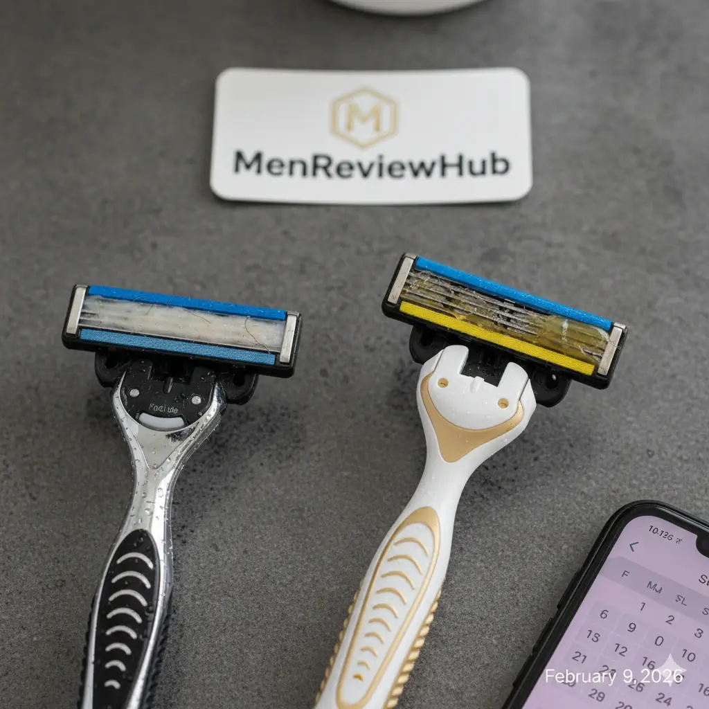 Side-by-side comparison of Gillette ProGlide and ProShield cartridges after 14 days of regular use showing lubrication strip wear.