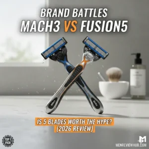 Gillette Mach3 vs Fusion5 razor comparison on a bathroom counter showing 3-blade and 5-blade designs.