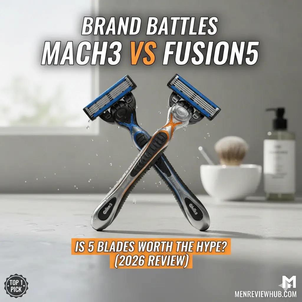 Gillette Mach3 vs Fusion5 razor comparison on a bathroom counter showing 3-blade and 5-blade designs.