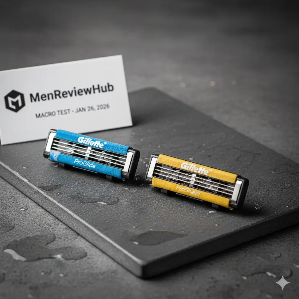 Macro close-up of Gillette ProGlide and ProShield cartridges side-by-side on a stone surface, highlighting the extra yellow lubrication strip on the ProShield