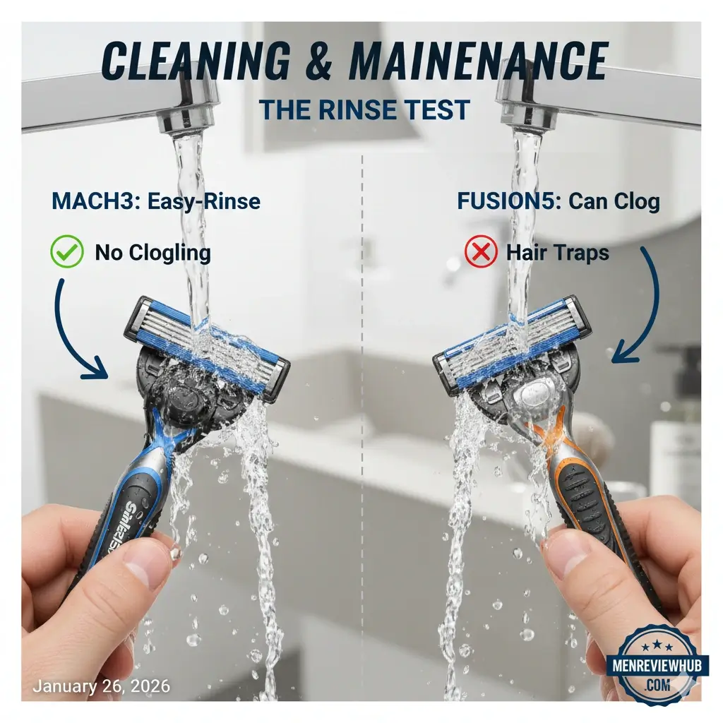Real-world shaving test comparing Gillette Mach3 and Fusion5 for skin irritation and closeness.