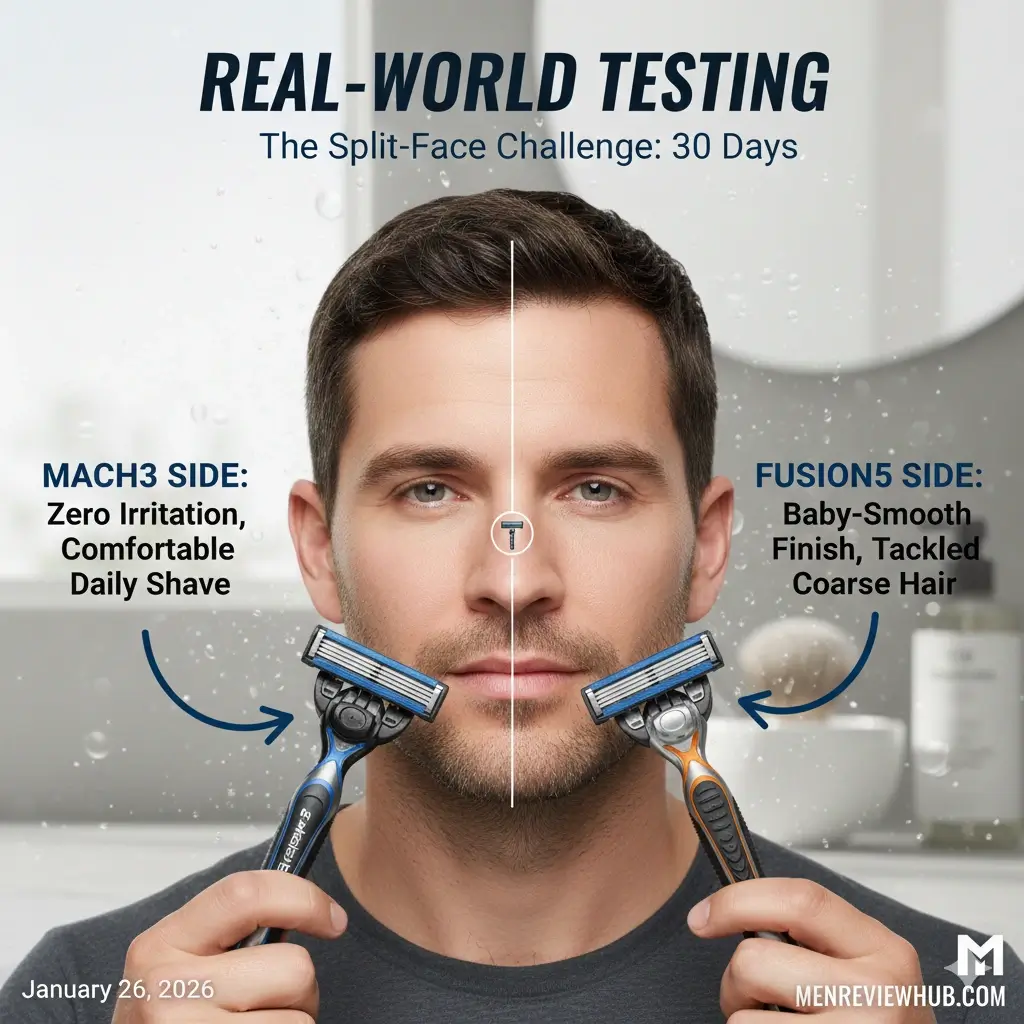 Real-world shaving test comparing Gillette Mach3 and Fusion5 for skin irritation and closeness
