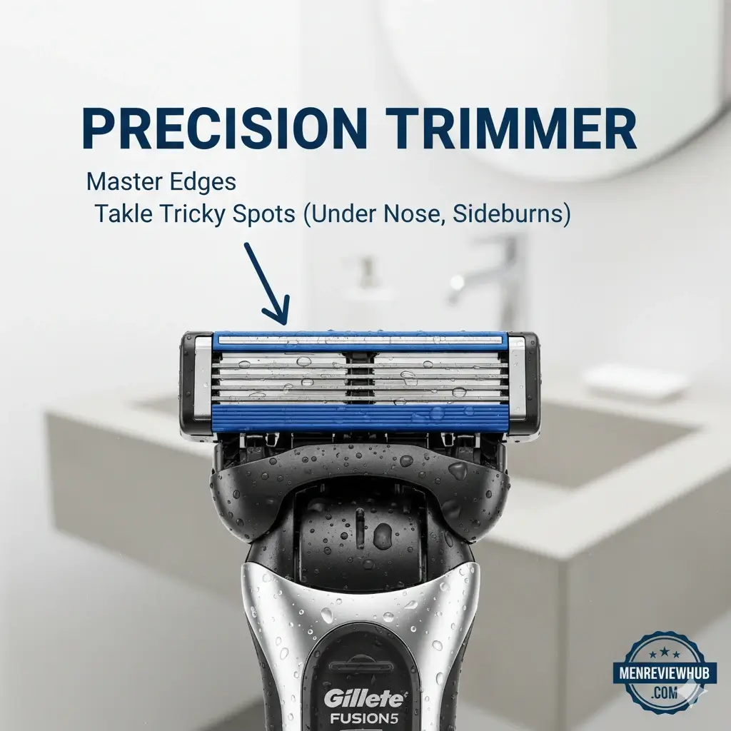 The precision trimmer blade on the back of a Gillette Fusion5 razor for edging sideburns and mustache