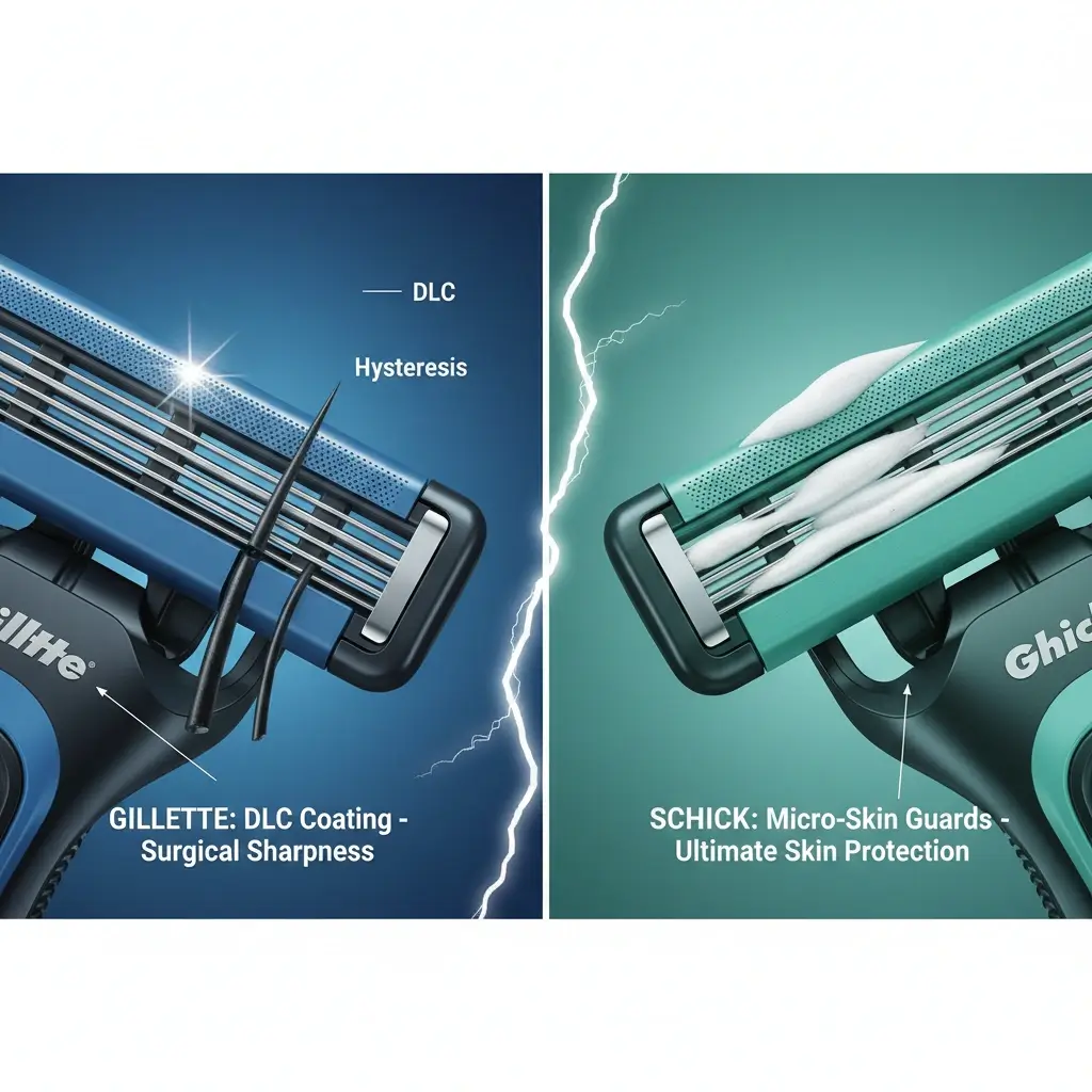 Microscopic comparison of Gillette Diamond-Like Coating blades vs Schick Micro-Skin Guards for skin protection