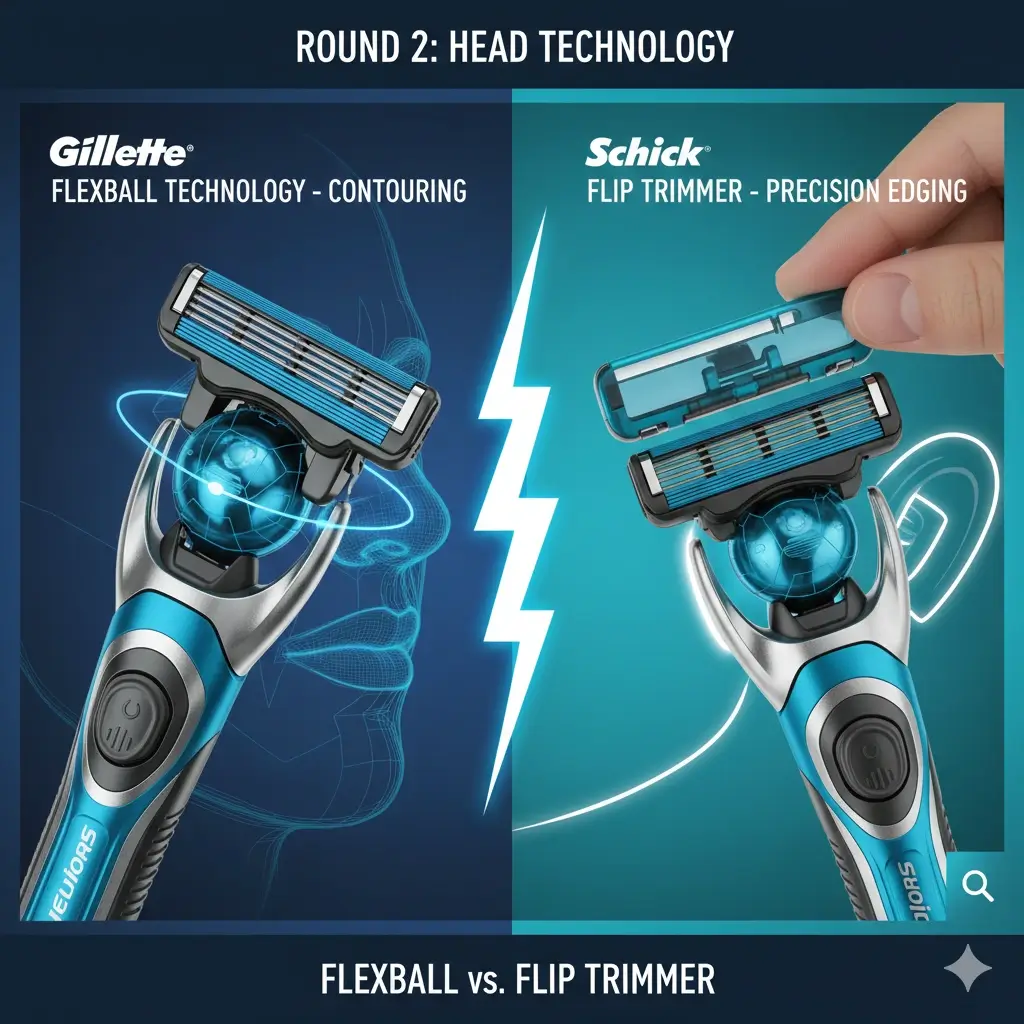 Gillette FlexBall pivot technology compared to the Schick Hydro 5 Flip Trimmer for precision edging