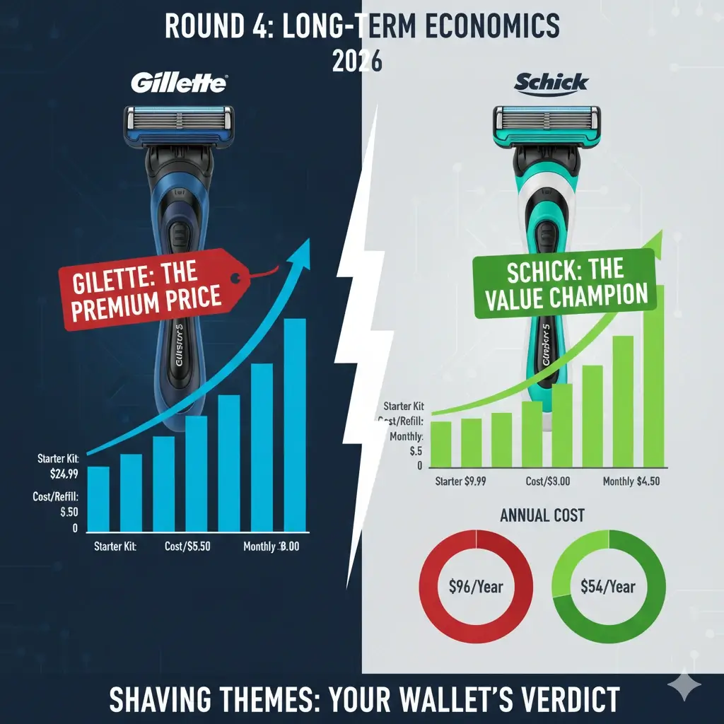 Infographic showing the long-term cost of ownership for Gillette and Schick razors in the US market over 12 months
