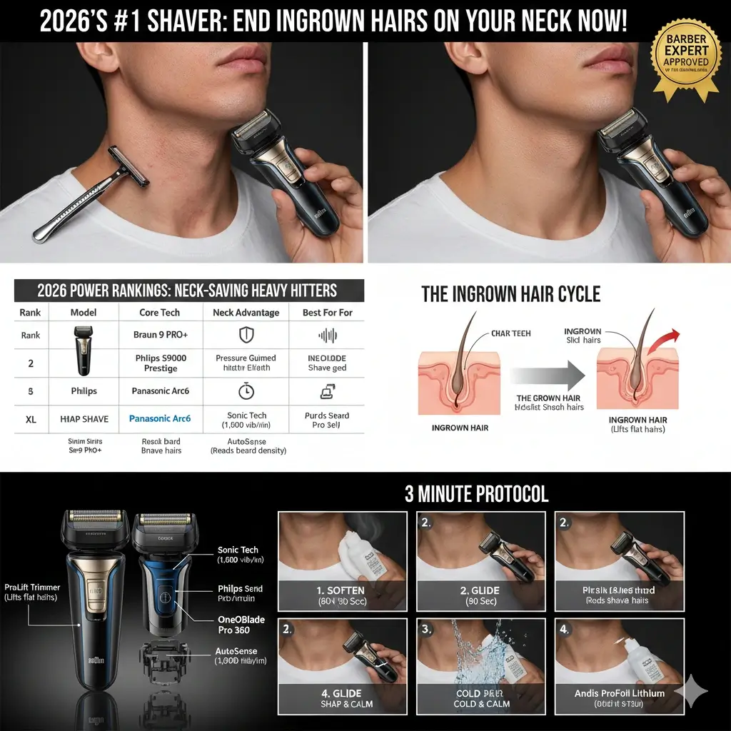 3-minute neck shaving protocol infographic for preventing razor bumps and ingrown hairs