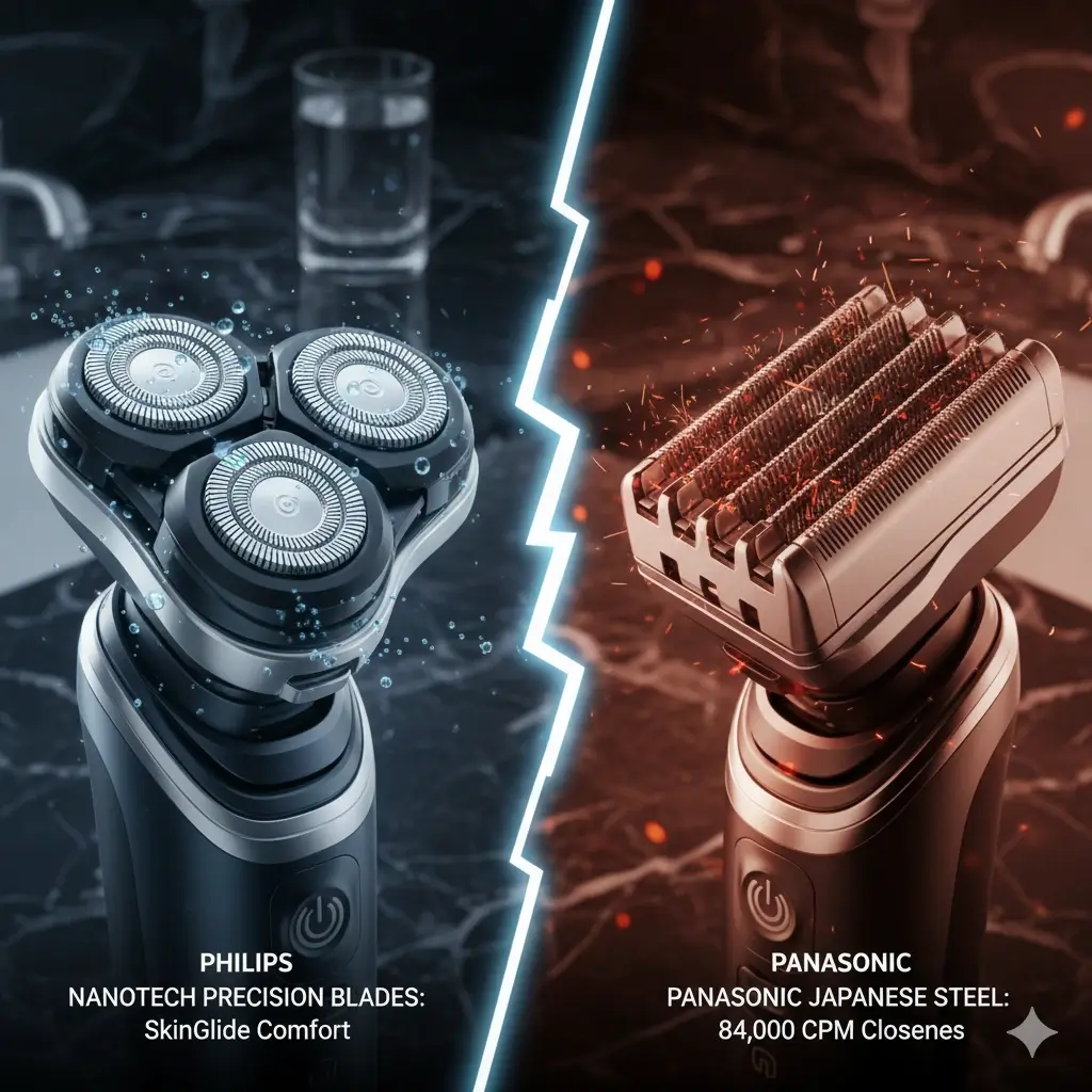 Close-up of Philips S9000 Prestige rotary blades vs Panasonic Arc6 foil blades on bathroom counter