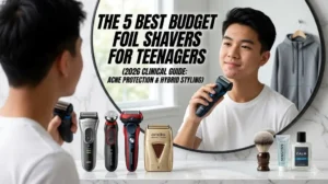 MenReviewHub Expert Guide to the Best Budget Foil Shavers for Teenagers: A young man safely shaving his acne-prone skin using an electric foil shaver to prevent irritation.