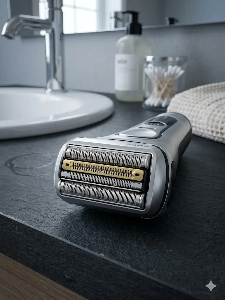 Braun Series 9 electric shaver highlighting its titanium coated trimmer