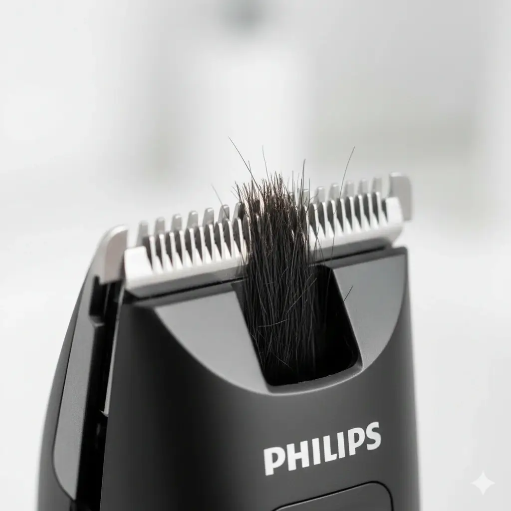 Close-up of Philips Norelco Multigroom 3000 DualCut steel blade for precise trimming