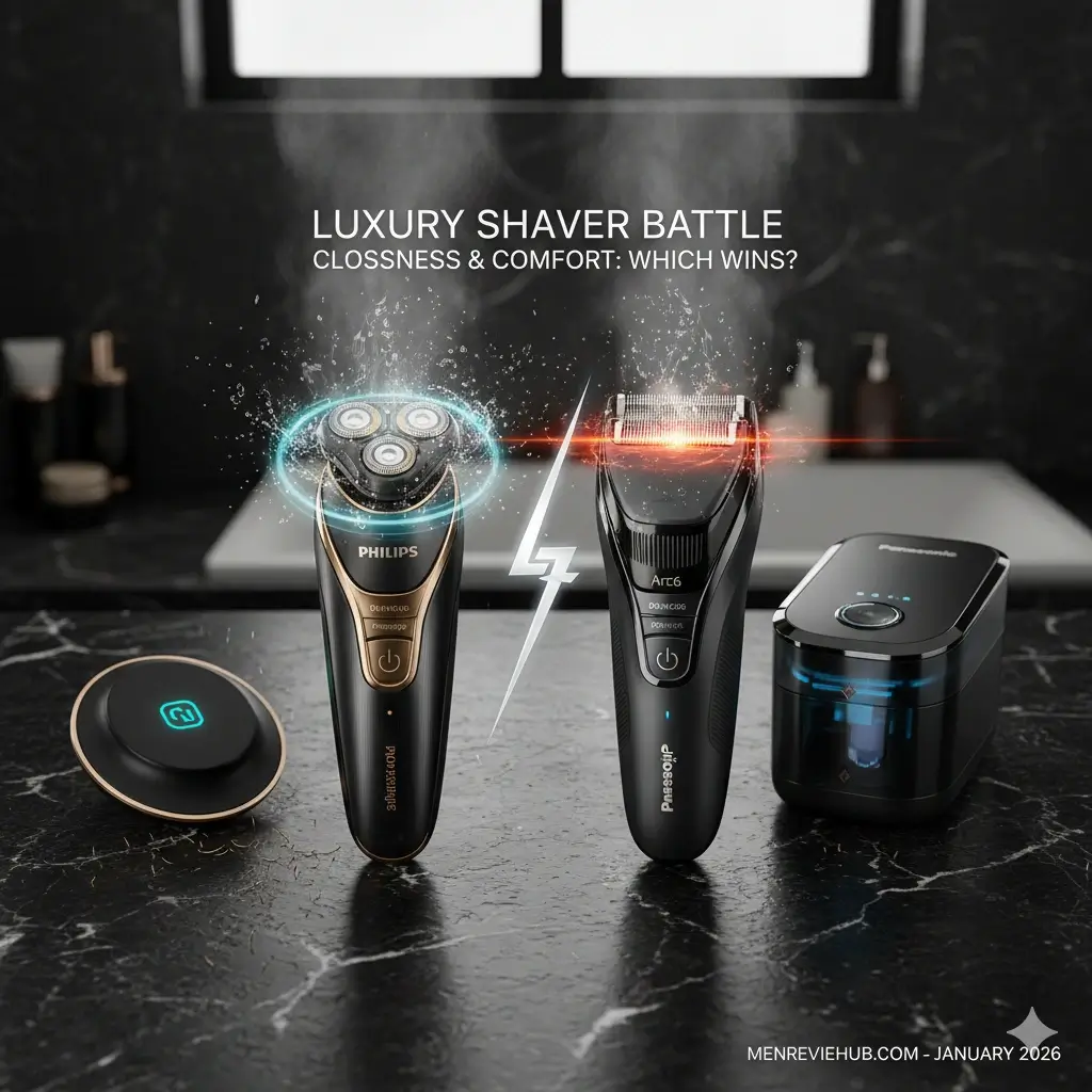 Comparison of Philips S9000 Prestige rotary shaver and Panasonic Arc6 foil shaver on a luxury bathroom counter