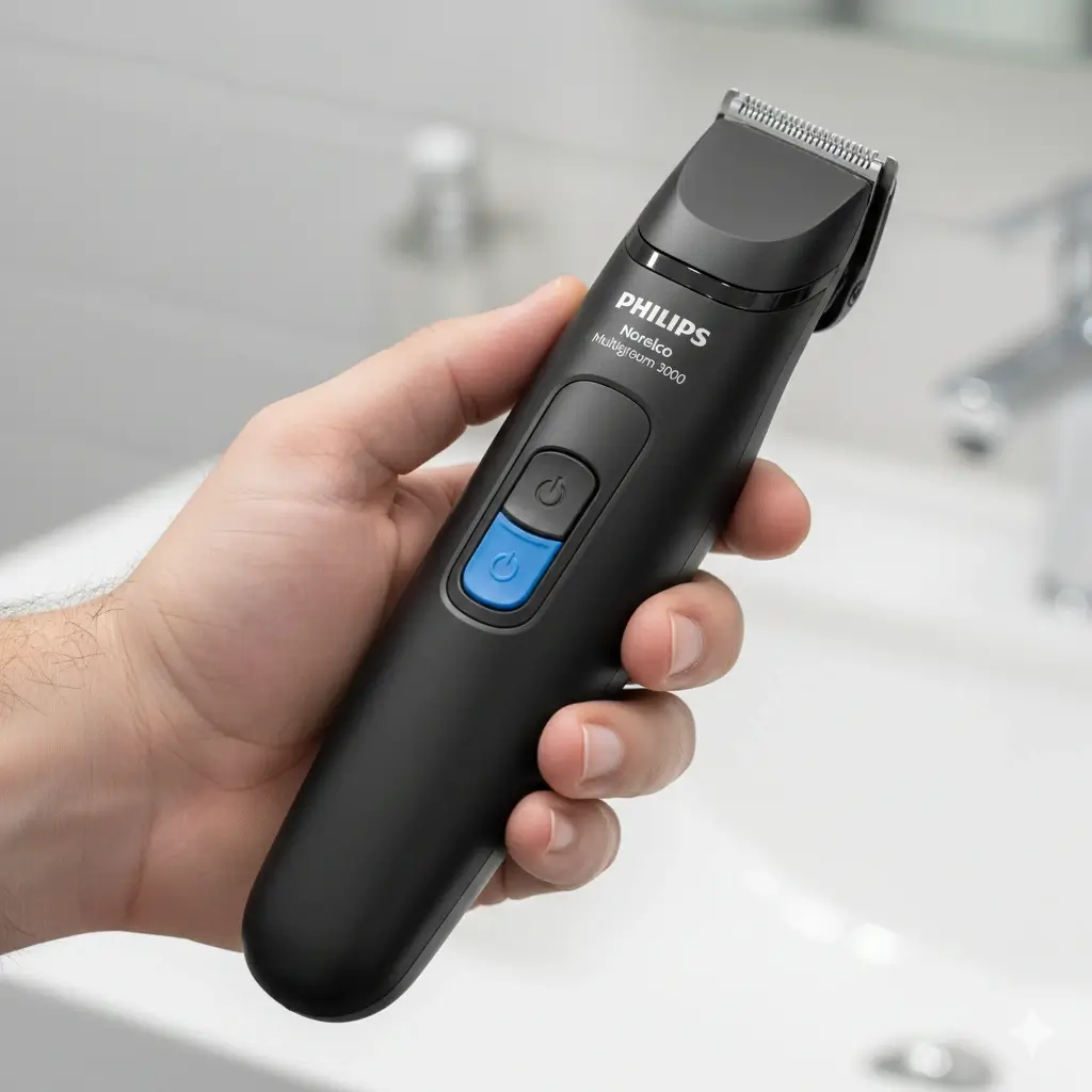 Philips Norelco Multigroom 3000 trimmer body held in hand for ergonomic feel