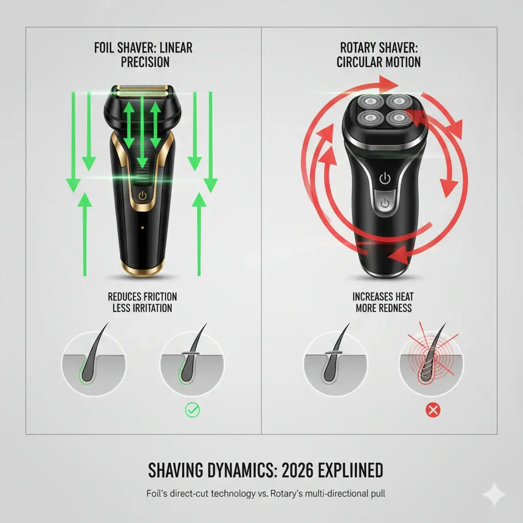 Shaving direction comparison Straight-line foil vs circular rotary patterns.