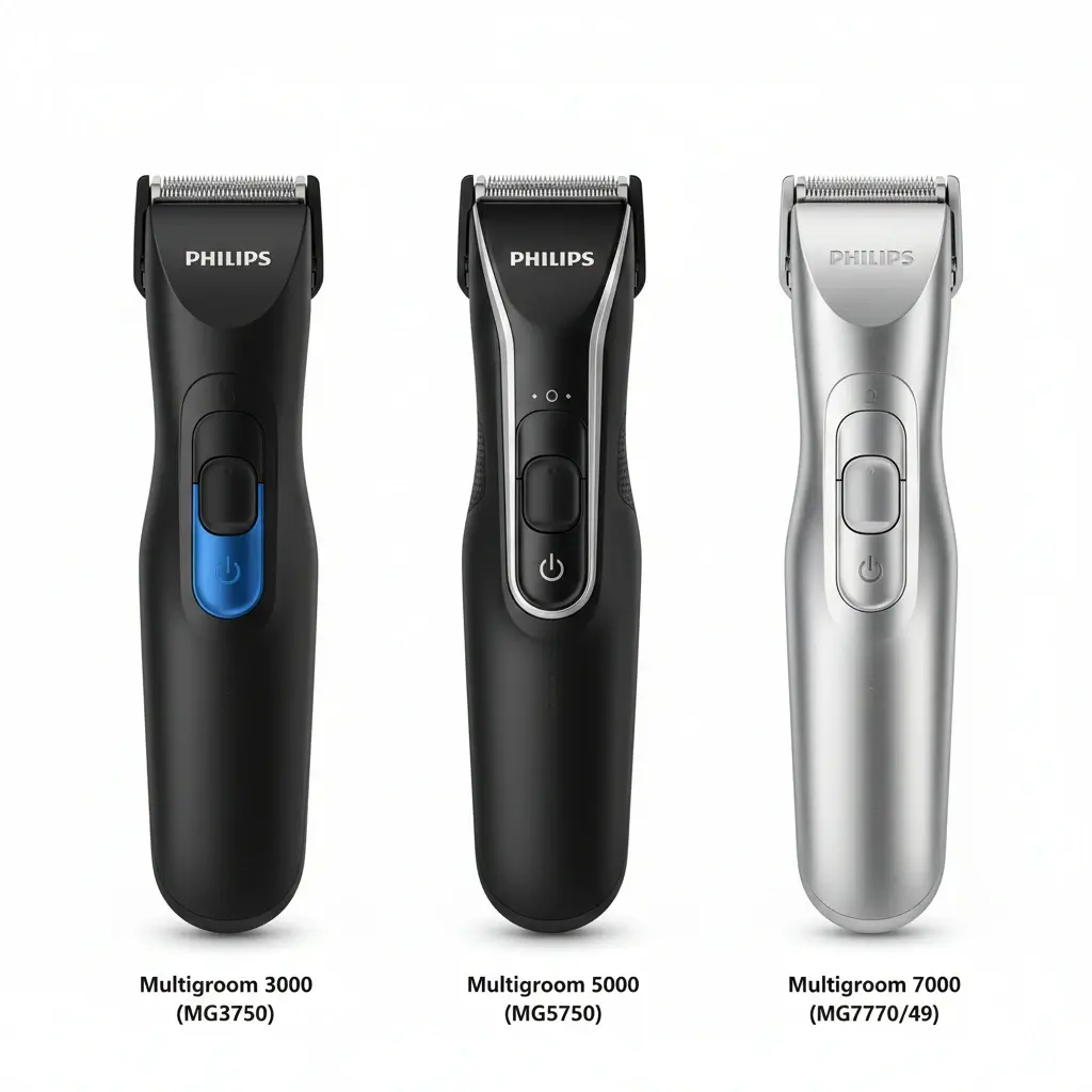 Side-by-side comparison of Philips Norelco Multigroom 3000 vs 5000 vs 7000 trimmers