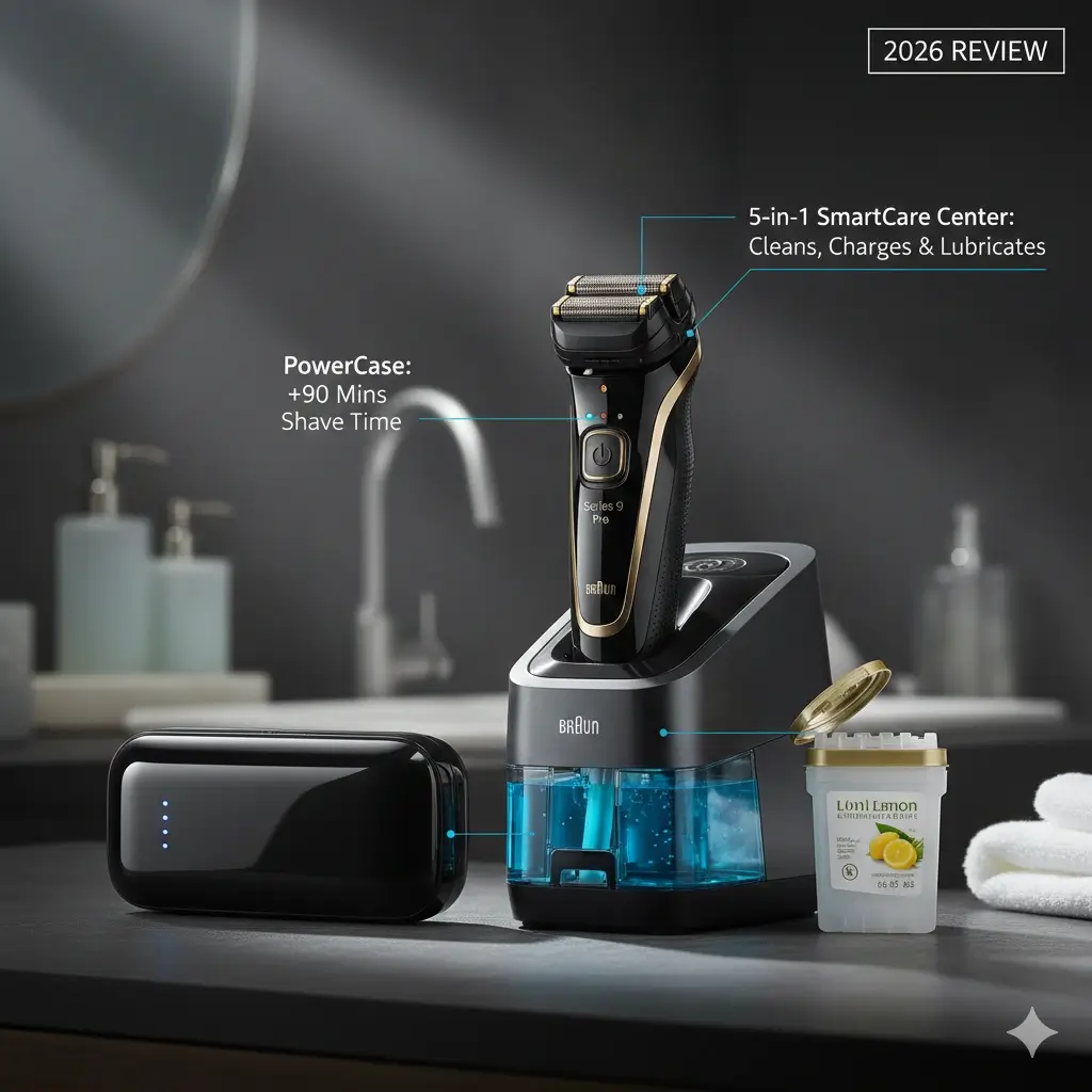 Braun Series 9 Pro electric shaver with its 5-in-1 SmartCare Center and PowerCase, showing cleaning solution.`