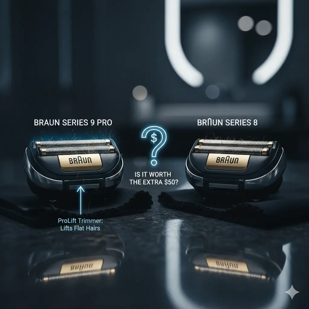 Close-up comparison of Braun Series 9 Pro shaver head with its ProLift trimmer vs. the Braun Series 8 shaver head