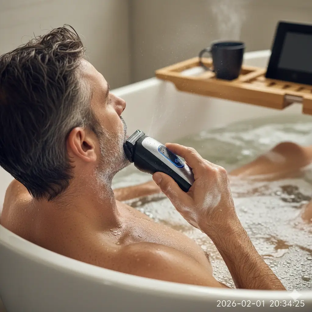 Man testing the best waterproof electric shaver for shaving in the bath with soap foam and steam - 2026 Review.