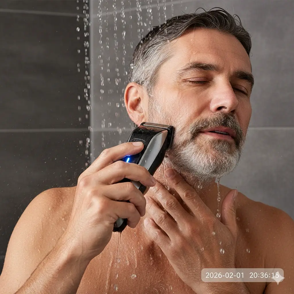 Close-up of Adam Lee testing a premium electric razor under a running shower to demonstrate IPX7 waterproofing and wet-grip handle – 2026 Grooming Guide.