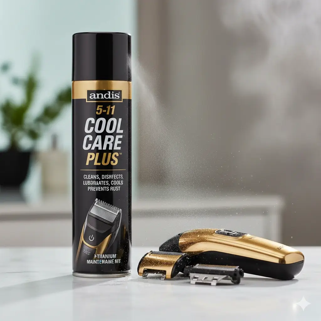 Applying Andis Cool Care Plus cleaning spray to an electric shaver to prevent nickel oxidation and skin irritation.