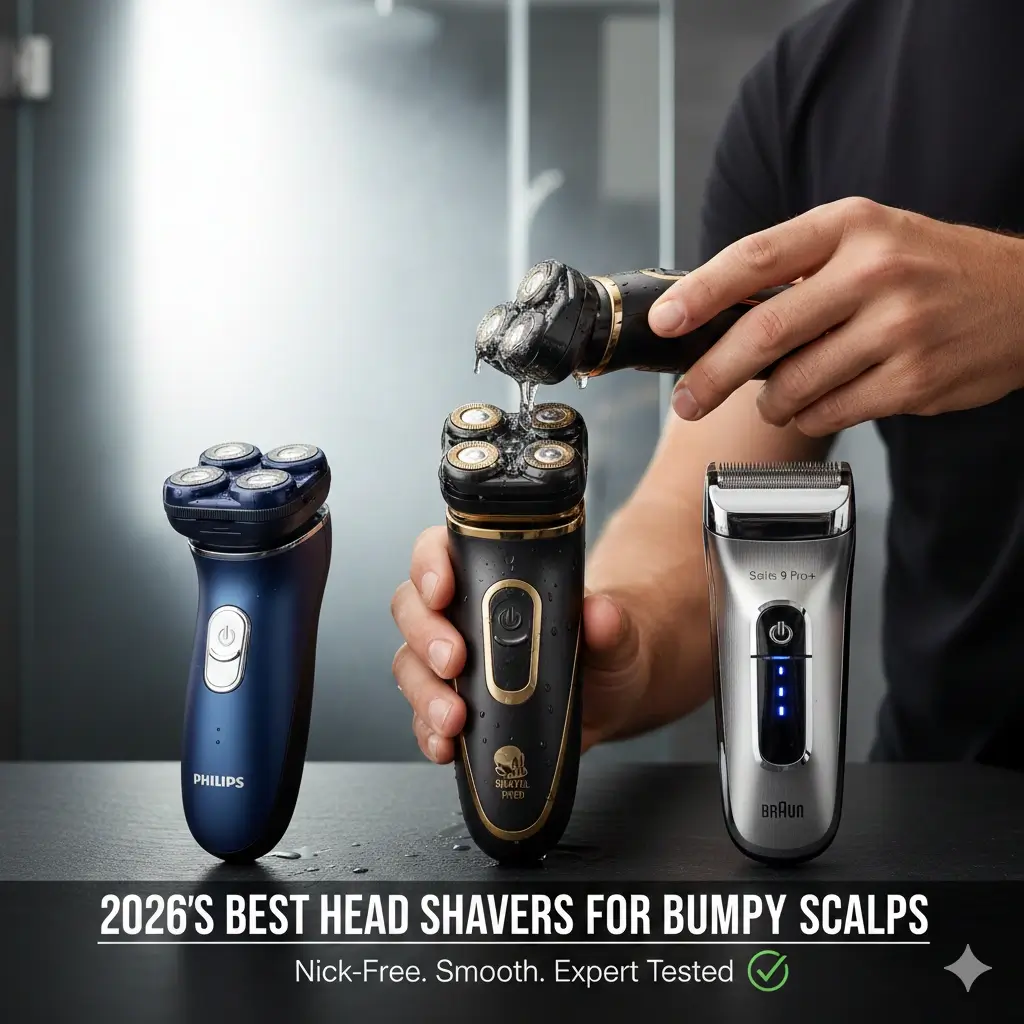 Best electric head shaver for bumpy scalps 2026 comparison featuring Skull Shaver, Braun, and Philips models.