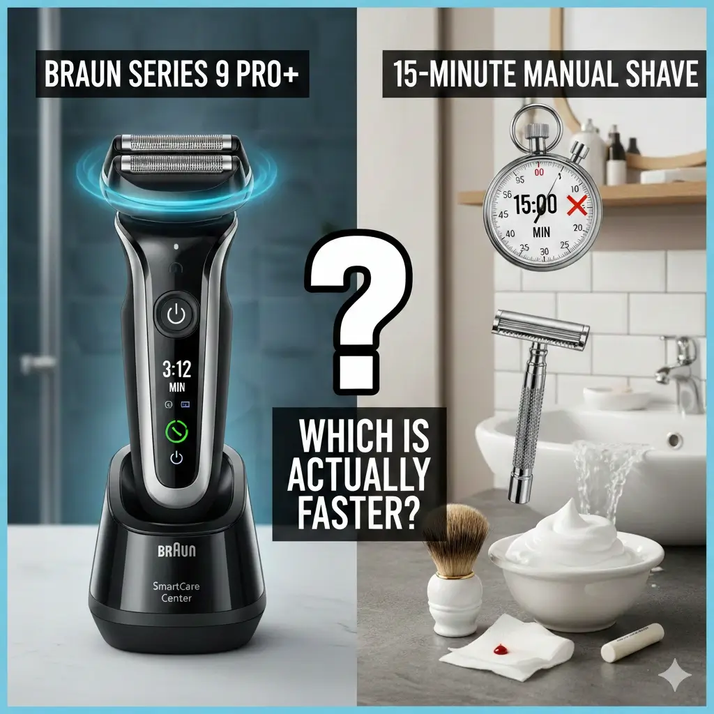 Braun Series 9 Pro+ vs manual shave speed comparison with stopwatch results