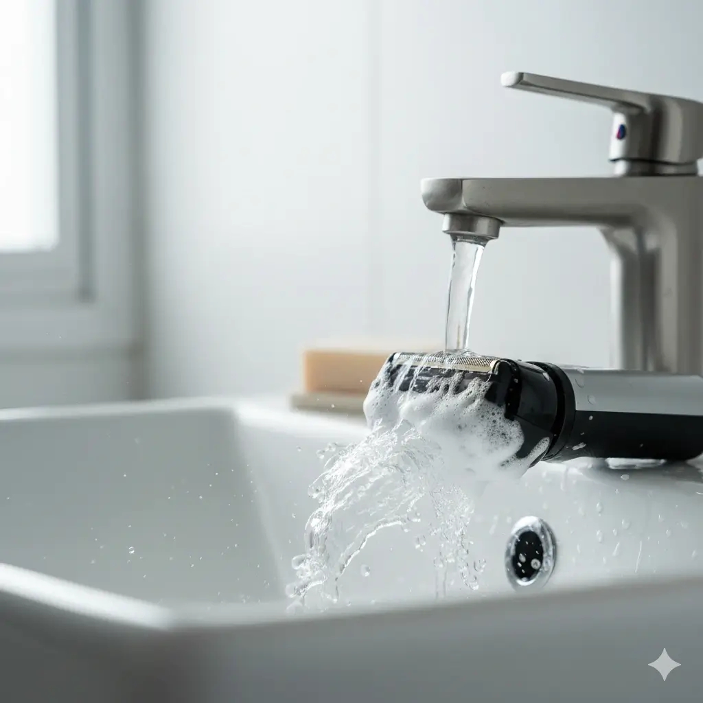 Cleaning the Panasonic Travel Shaver under running water with shaving foam.