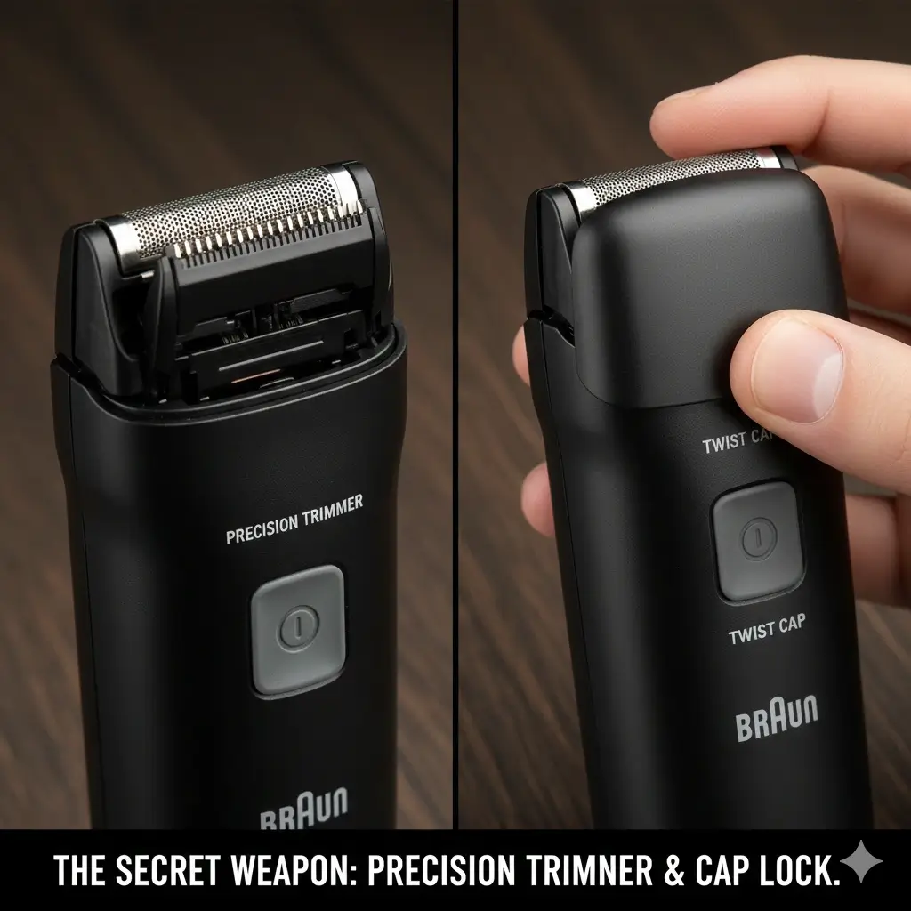 Close-up of Braun M90 slide-out precision trimmer and swivel cap.