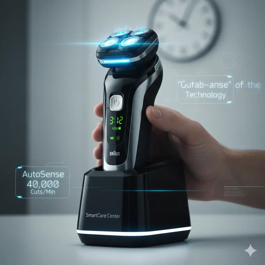 Close-up of Braun Series 9 Pro+ electric shaver in its SmartCare Center with glowing blue lights and overlaid tech specs like AutoSense and 40,000 cutsmin