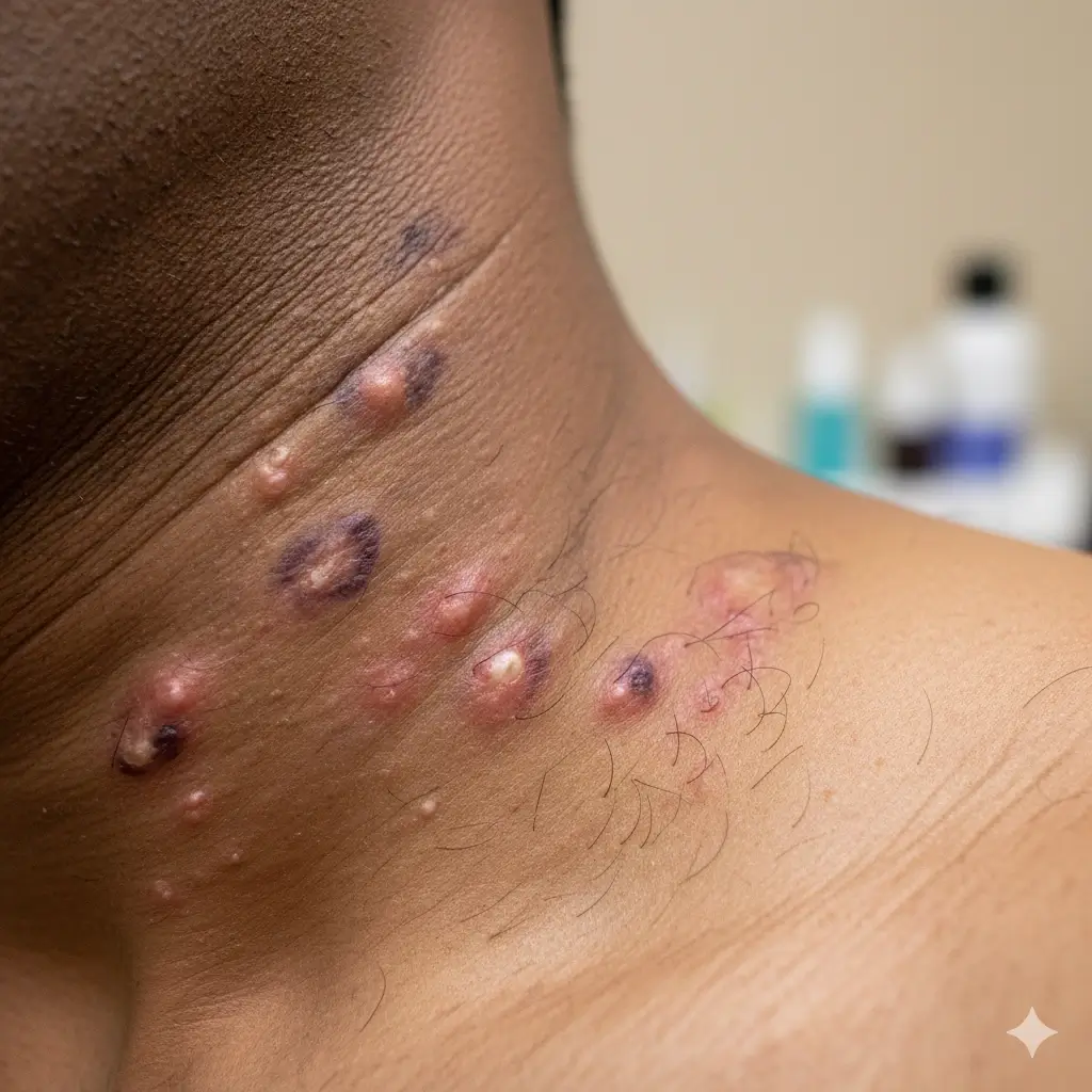 Close up of razor bumps and folliculitis on male neck skin.