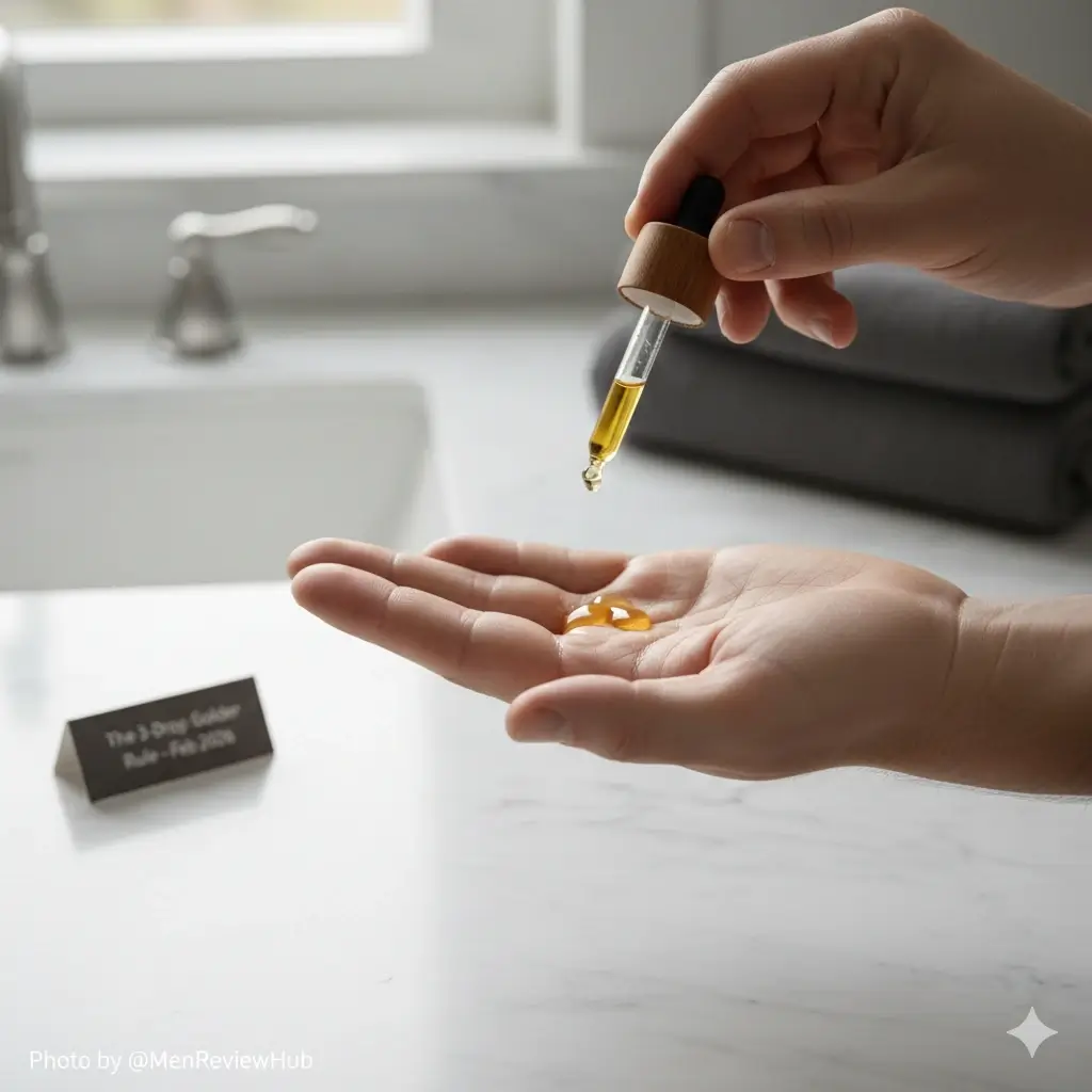 Close-up of three drops of amber-colored Freebird Sandalwood pre-shave oil on a palm, showing lightweight texture