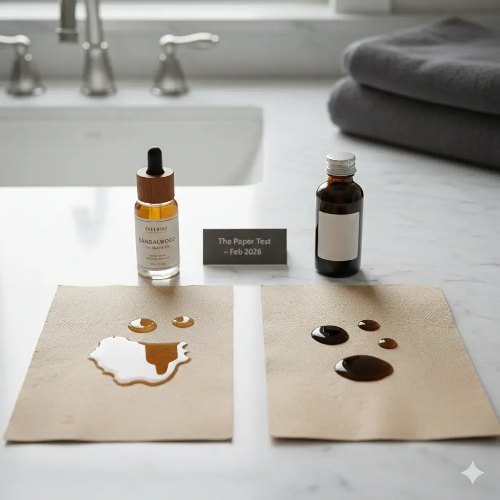 Comparative paper test demonstrating the absorption and low viscosity of premium electric pre-shave oil