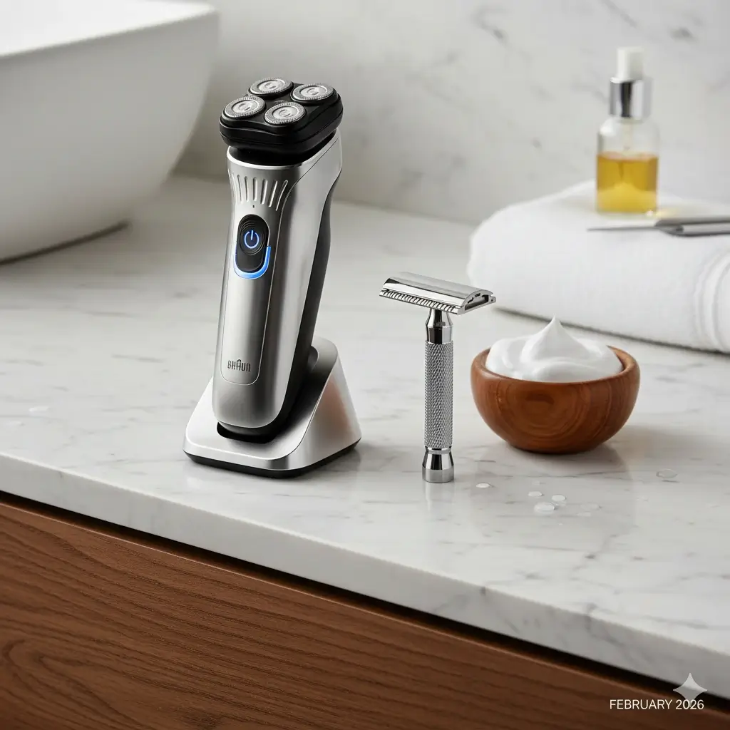 Comparison of dry shaving with Braun Series 9 and wet shaving with Merkur Safety Razor for sensitive skin.