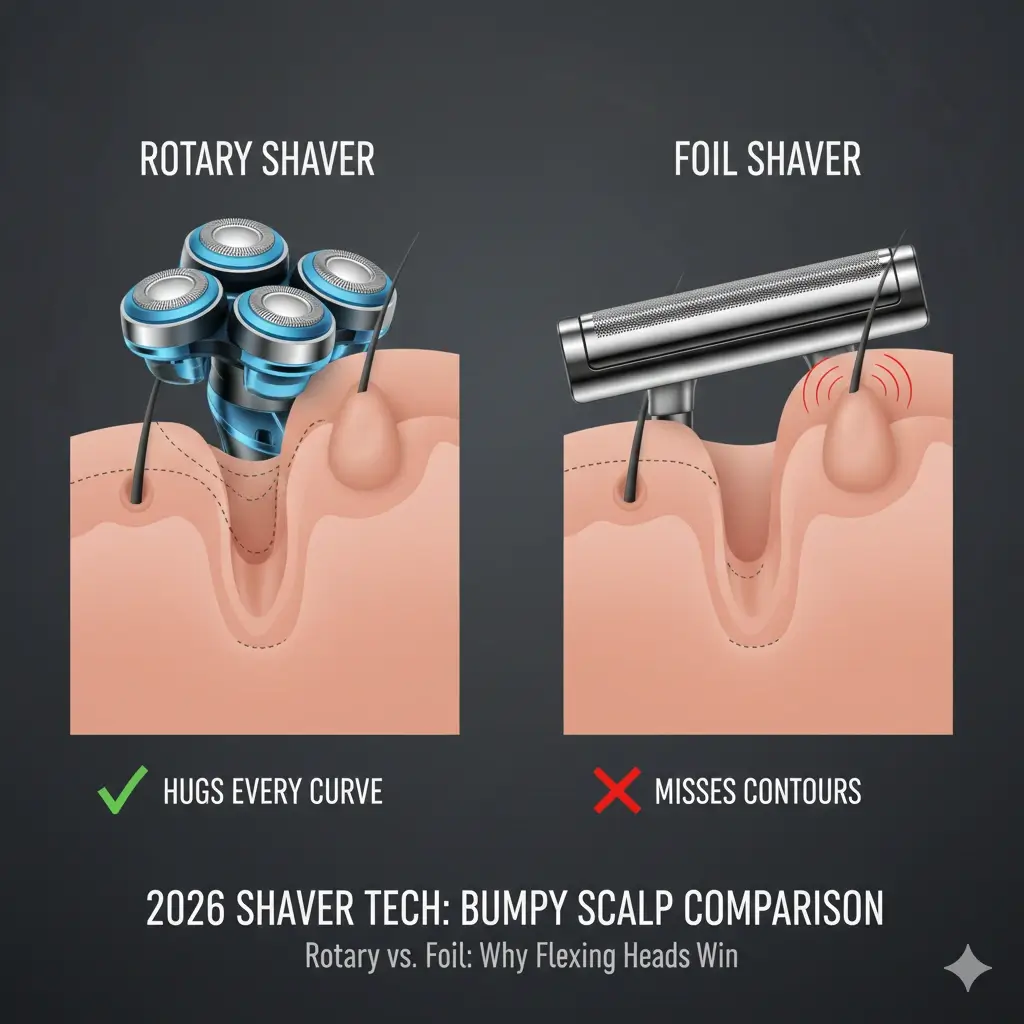 Comparison of rotary vs foil head shavers on uneven scalp terrain.