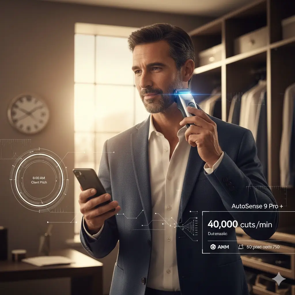 Man in a suit quickly shaving with Braun Series 9 Pro+ while checking phone, showcasing efficient grooming for a busy morning with an 8:00 AM client pitch