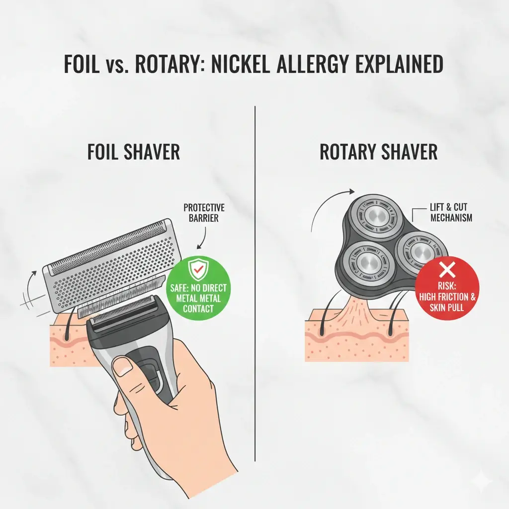 Diagram explaining the difference between foil shavers and rotary shavers for nickel allergy highlighting the protective barrier of foil models.