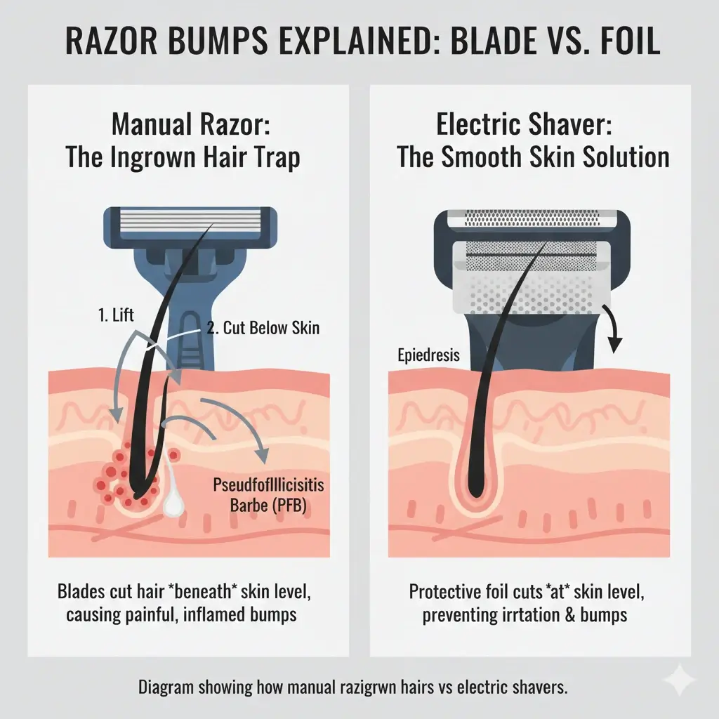 Diagram showing how manual razors cause ingrown hairs vs electric shavers.