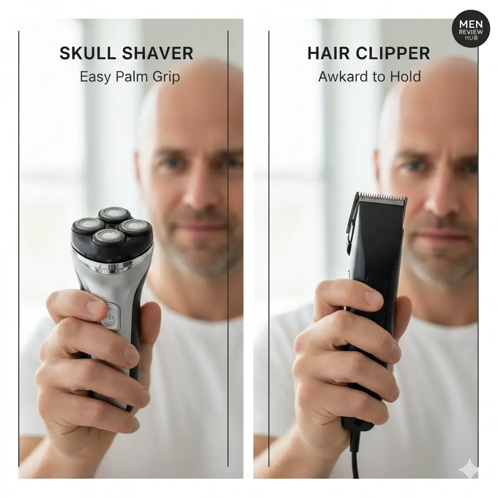 Ergonomic palm grip of a Skull Shaver compared to the bulky handle of traditional hair clippers for self-shaving