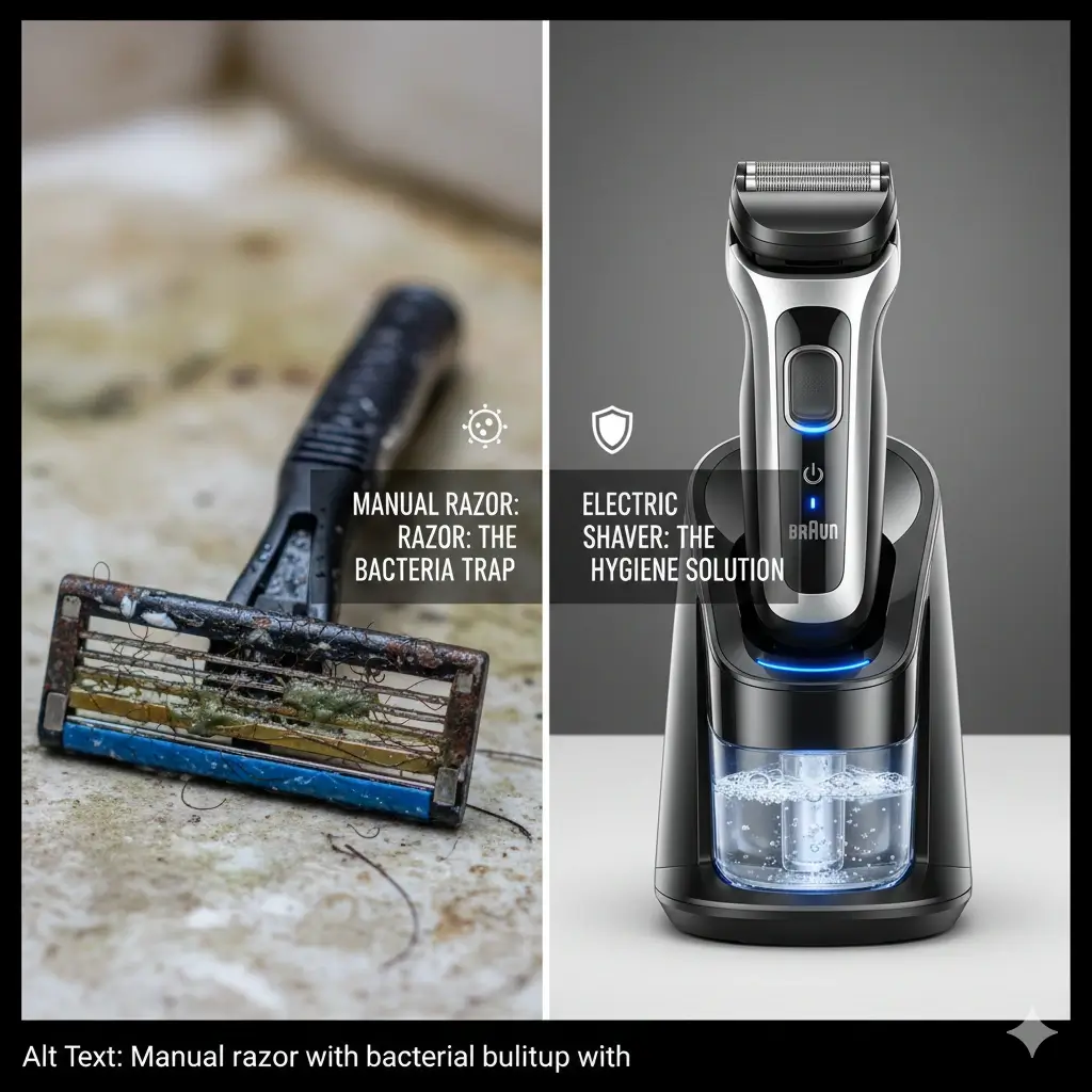 Manual razor with bacterial buildup vs clean electric shaver with cleaning station