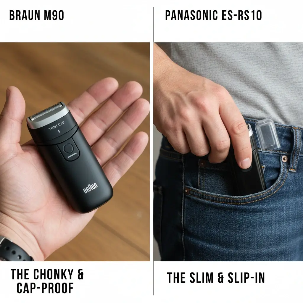 Size comparison of Panasonic Travel Shaver in a pocket vs Braun M90 in hand