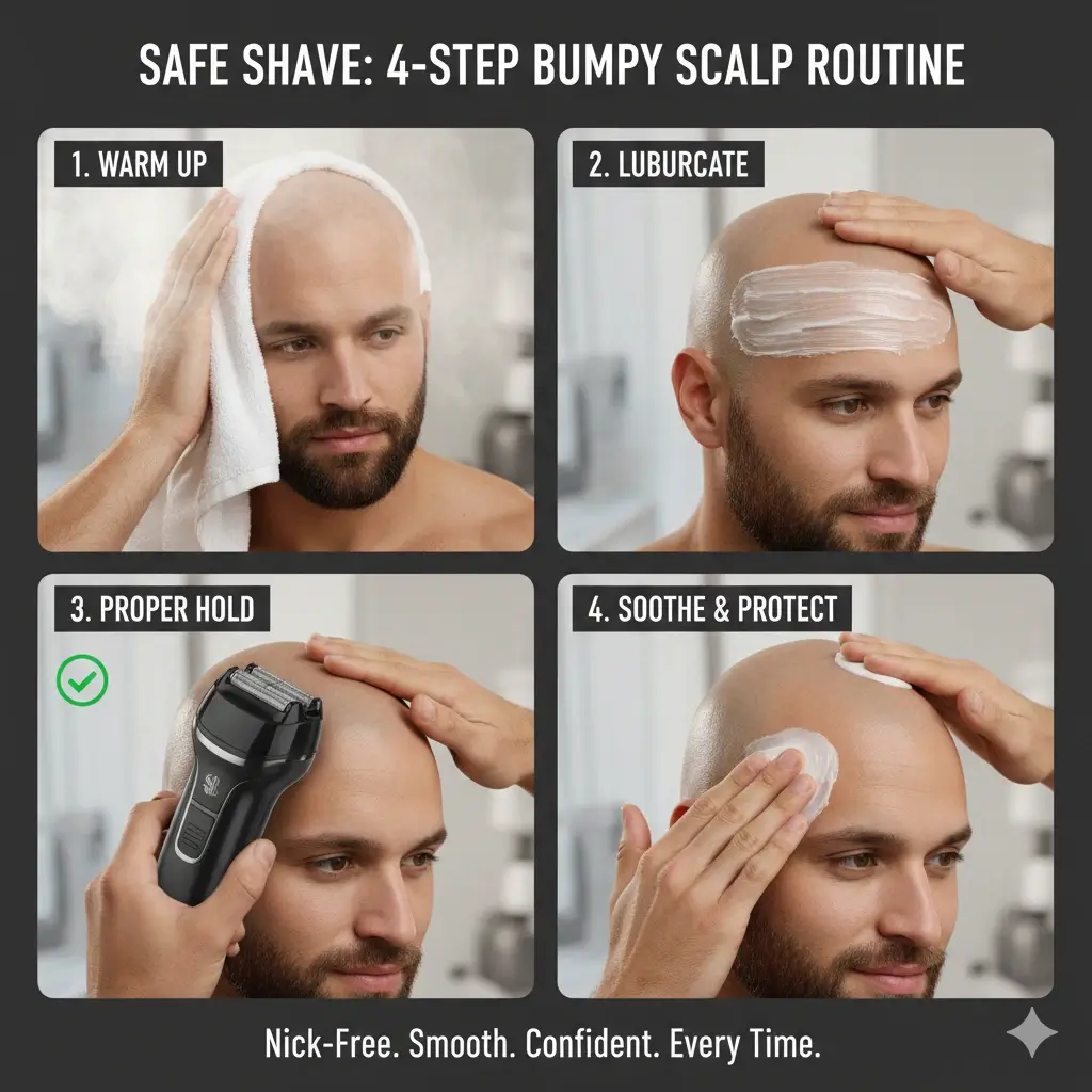Step-by-step guide on how to shave a bumpy head safely.