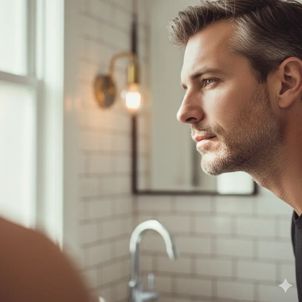 Man with a perfectly clean-shaven, smooth face looking into a bathroom mirror, representing the ideal "Baby Butt Smooth" result sought after in manual shaving