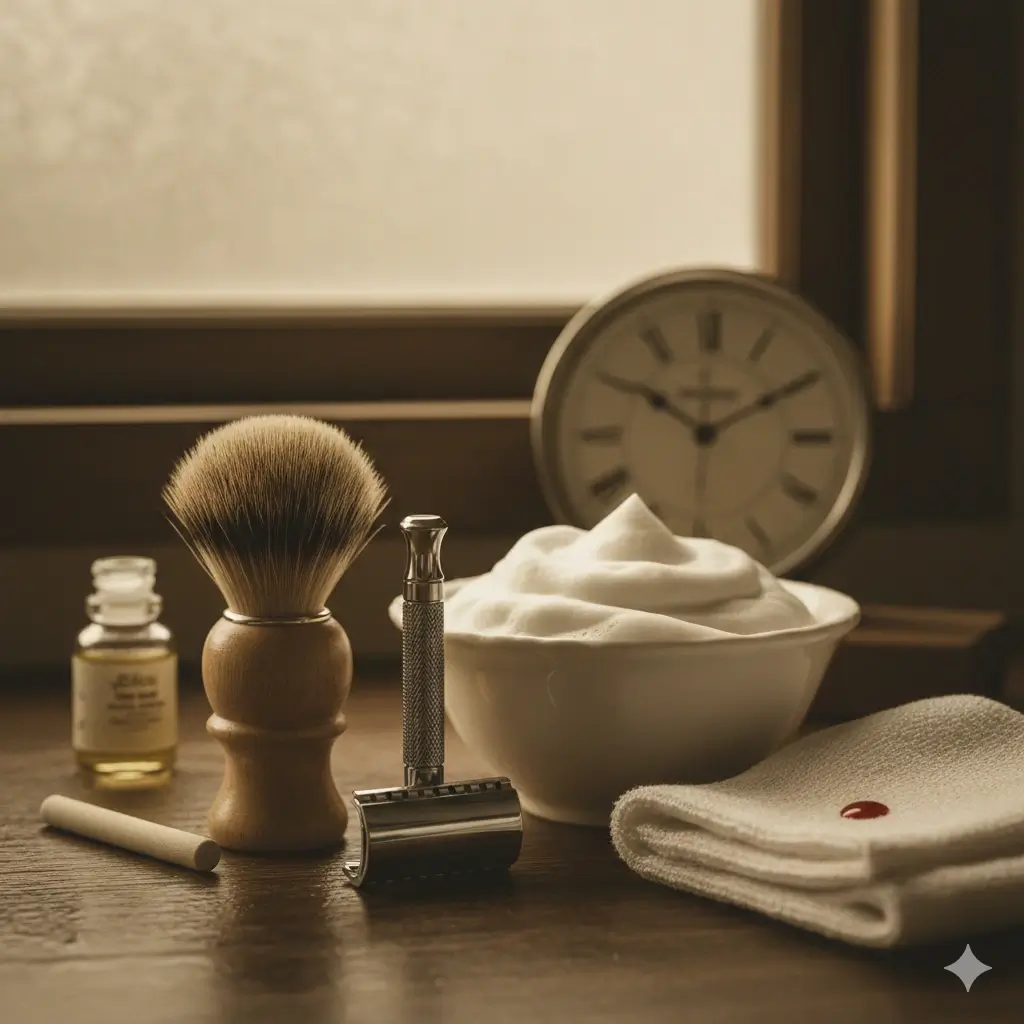 Traditional wet shaving setup with a safety razor, shaving brush, bowl of lather, and a vintage clock in the background, showing a classic but time-consuming ritual