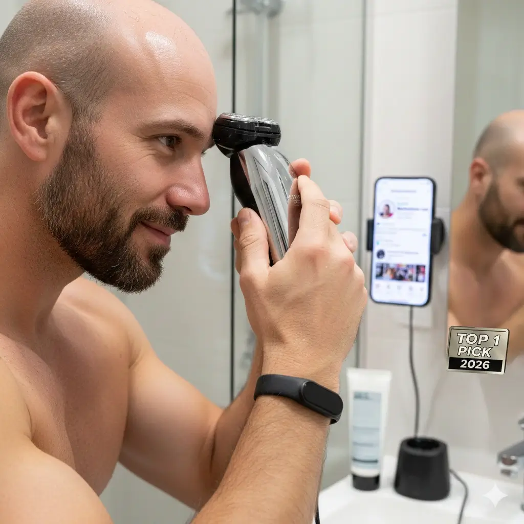 A real-life demonstration of the 2026 top-rated electric shaver for bald heads, showing the rotary blades contouring a man's forehead in a bathroom setting.