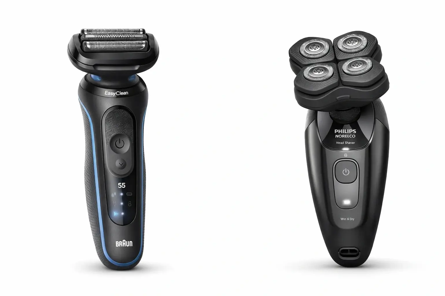 Comparison of Braun Series 5 foil head and Philips 5000 rotary head on a bathroom counter