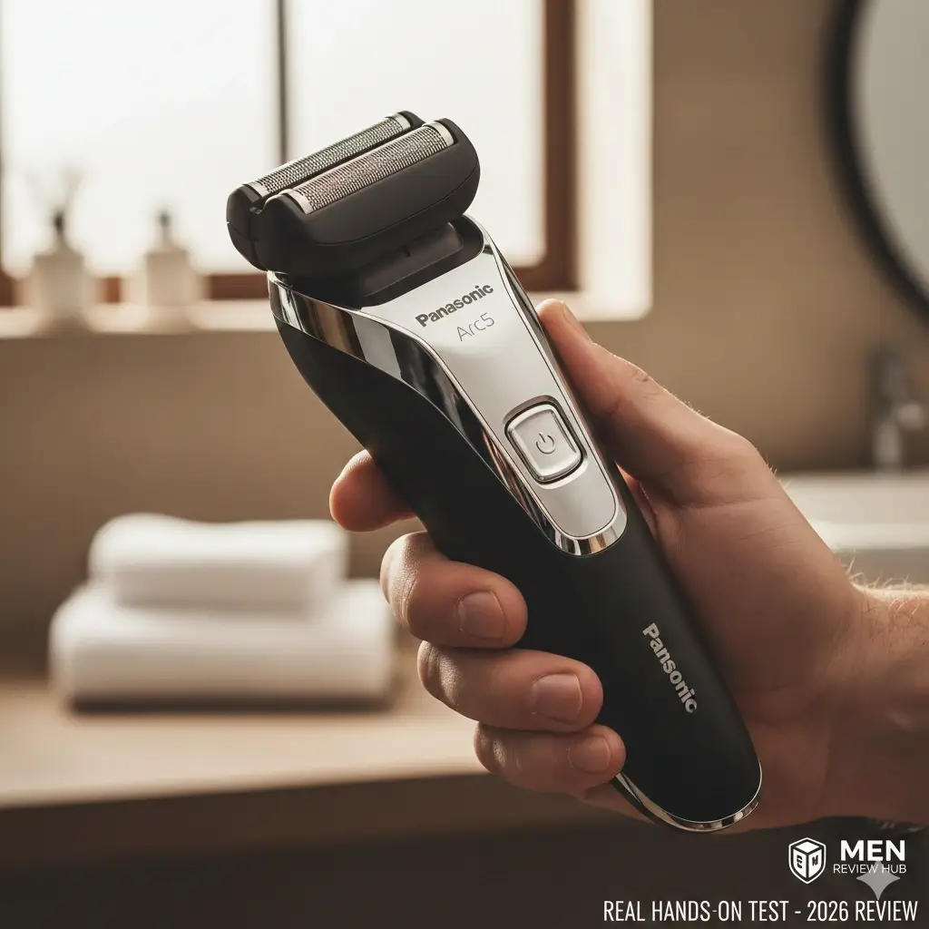 A real-world hands-on shot of the Panasonic Arc5 electric shaver held by a man, showcasing the massive 5-blade foil head and premium ergonomic design in a modern bathroom setting