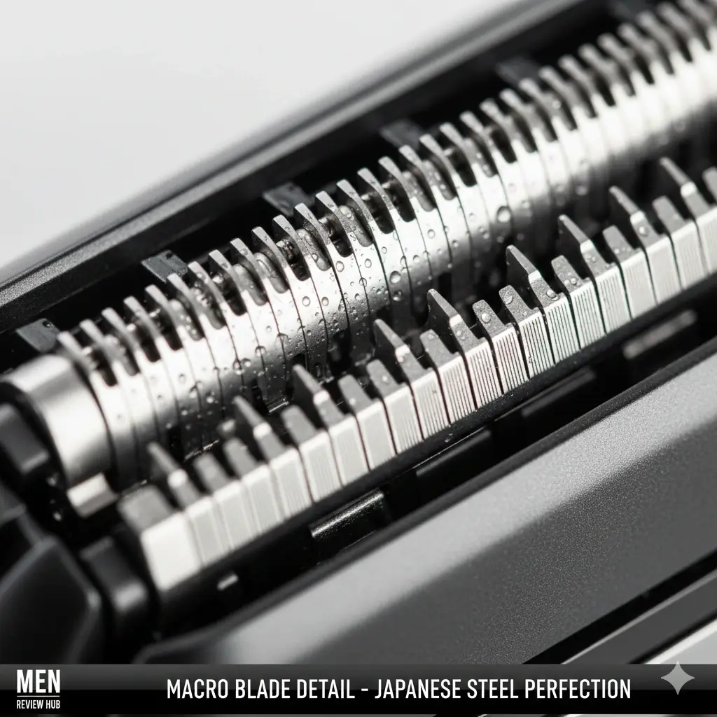 Extreme macro close-up of Panasonic Arc5 stainless steel blades, showing the 30-degree nanotech edge and precision-engineered Japanese steel quality.